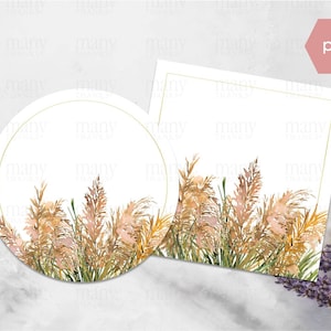 Pampas gras bloemen rand cirkel + vierkante lege PNG, met / zonder gouden frame, tekst toe te voegen voor aangepaste stickers, gift tags, labels