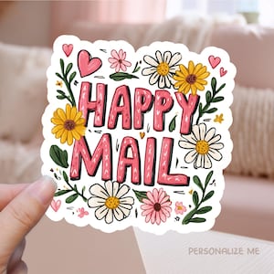 Roze Happy Mail afdrukbare sticker, boho doodle letters girly madeliefje bloemen kleine bedrijven print gesneden winkel marketing Cricut labelsjabloon, png