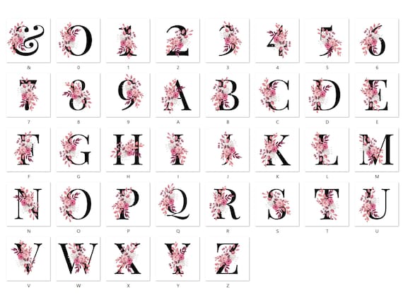 Dusty Rose Floral Alphabet Set PNG Download, Black Monogram