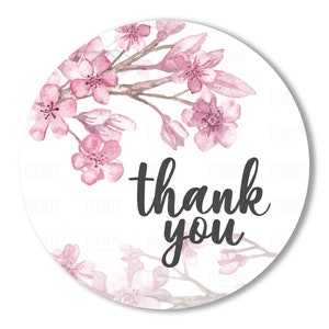 Obrigado adesivo PNG, círculo de ramo de flor de cerejeira em aquarela para etiquetas comerciais redondas DIY, etiquetas para presentes de lembrancinhas, chapéus de coco, Sakura Cricut Avery