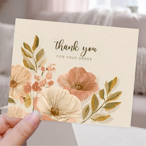 Vielen Dank für Ihre Bestellung Druckbare Karte PDF, Boho Creme Pink Gold Shop Verpackung Postkarte Vorlage, Digital Download Floral Grußkarten