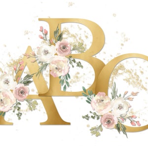 Letras de oro flores alfabeto conjunto, oro Splash Blush rosa acuarela Bouquet, PNG Sublimation Clipart, Descargar para tazas, Tumblers, Bolsas