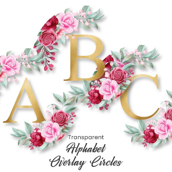PNG Alphabet Overlays, Transparent Gold Letters Red Pink Roses Circles, Monogram Envelope Seals, Stickers, Badge Reels, Cricut Silhouette