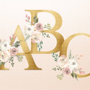 Letras de oro Floral Alphabet Set, Flor rosa azulada, Ramo de acuarela, Imágenes prediseñadas de sublimación PNG, Gráficos Descargar para tazas, Tumblers, Bolsas