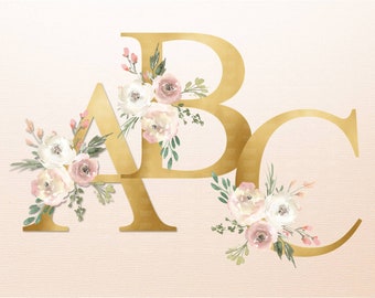 Gold Letters Floral Alphabet Set, Blush Pink Flower, Watercolor Bouquet, PNG Sublimation Clipart, Graphics Download for Mugs, Tumblers, Bags