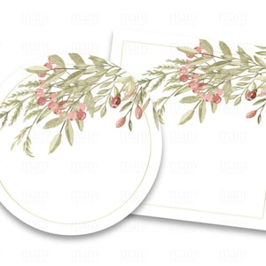 Branches + baies, Bordure florale des verts suspendus, Cercle + PNG carré, avec / sans cadre doré, Blanc pour autocollants, étiquettes, étiquettes, cartes