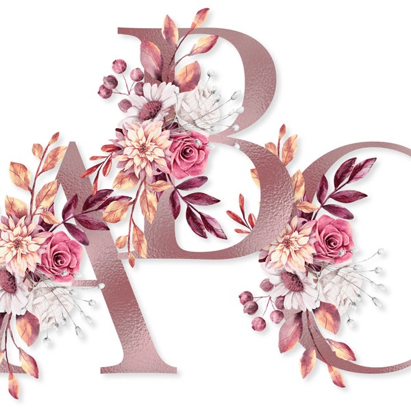 Mauve Foil Floral Alphabet Set PNG Download, Fall Boho Monogram Letters Watercolor Flowers for Sublimation Shirts, Mugs, Tumbler Cups, Bag
