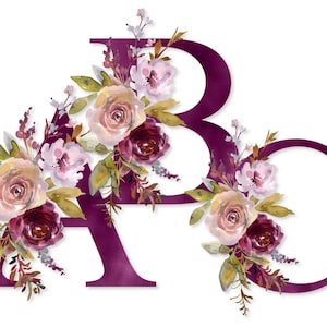 Set di numeri dell'alfabeto floreale bordeaux, fiori ad acquerello autunnale, lettere monogramma, download PNG per trasferimenti a sublimazione, tazze, bicchieri, borsa