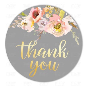 Thank You PNG Circle, Gray Pink Floral Bouquet Gold Text for DIY Round Gift Tags, Stickers, Cupcake Toppers, Card, Label, Cricut Silhouette