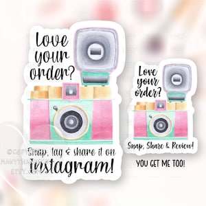 Snap Share Review Stickers, Hou van uw bestelling Retro Camera, Small Business Package Labels, Cute Shop Envelop Zeehonden, Download Cricut Avery PNG