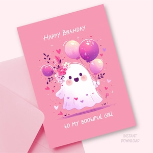 Tarjeta de felicitación imprimible de feliz cumpleaños para hija, linda chica de dibujos animados con globo fantasma, descarga digital, plantilla de tarjeta de carta HBD estadounidense caprichosa