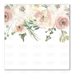 May include: A watercolour painting of a bouquet of pink and white flowers with green leaves. The flowers are arranged in a loose, flowing style, and the background is white.