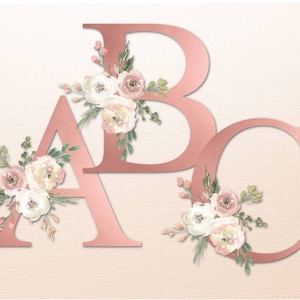 Letras de oro rosa Floral Alphabet Set, Blush Beige Pink Watercolor Bouquet, PNG Sublimation Clipart, Descargar para taza, Tumblers, Bolsas