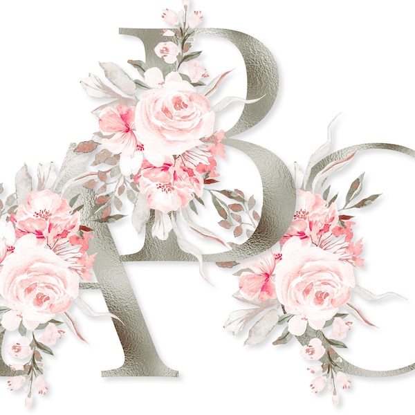 Silver Floral Alphabet Set PNG Download, Gray Monogram Letters Pink White Watercolor Flowers for Print on Demand Shirts, Mug, Tumblers, Bag