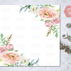 May include: A watercolor floral border with pink and white flowers and green leaves. The flowers are arranged in a corner of the image, leaving a white background for text.