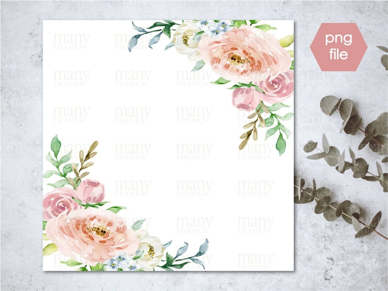 May include: A watercolor floral border with pink and white flowers and green leaves. The flowers are arranged in a corner of the image, leaving a white background for text.