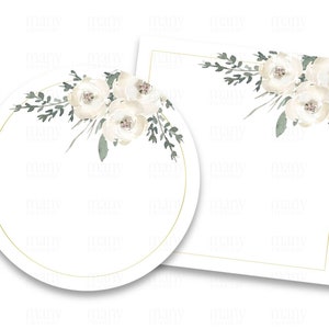 Puste etykiety, białe kwiaty liście obramowanie kwiatowe, okrąg + kwadrat PNG, złota ramka na naklejki DIY, tagi, etykiety biznesowe, karta notatek, Cricut