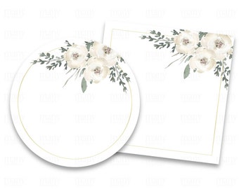 Blank Labels, White Flowers Leaves Floral Border, Circle + Square PNG, Gold Frame for DIY Stickers, Tags, Business Labels, Note Card, Cricut