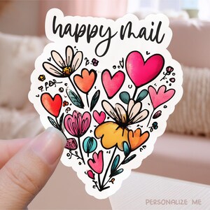 Happy Mail bloemen hart kleine onderneming afdrukbare sticker png, pakketlabel schattige bloesems winkel, doodle bloemen Cricut afdruksjabloon