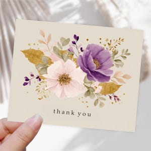 Carte de remerciement imprimable bouquet floral violet, carte de vœux pour paquet boutique rose lilas bohème, modèle de carte postale vierge en téléchargement numérique