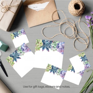 May include: Set of six square gift tags with a watercolor succulent design. The tags are white with a green and purple succulent border. The text "Use for gift tags, stickers and notes." is printed at the bottom of the image.
