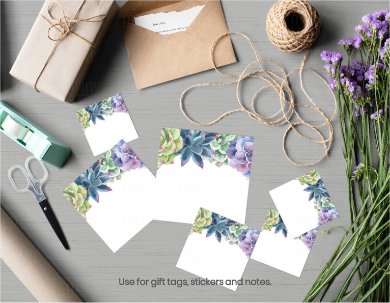 May include: Set of six square gift tags with a watercolor succulent design. The tags are white with a green and purple succulent border. The text "Use for gift tags, stickers and notes." is printed at the bottom of the image.