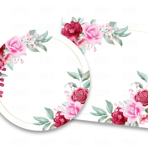 May include: Two floral frames with pink and burgundy flowers and green leaves. The frames are circular and square with gold borders.