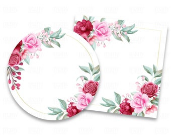 Blank Labels, Pink Red Roses Border Circle + Square for Round Thank You Stickers, Gift Tags, Business Address Labels, Avery Cricut PNG SVG