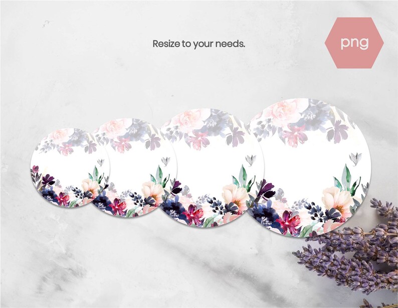 May include: Four round, white paper labels with a watercolor floral design in shades of pink, purple, and blue. The labels are arranged in decreasing size from left to right.