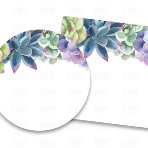 May include: Two printable designs featuring watercolor succulents in shades of green, purple, and blue. One design is a circle and the other is a rectangle.
