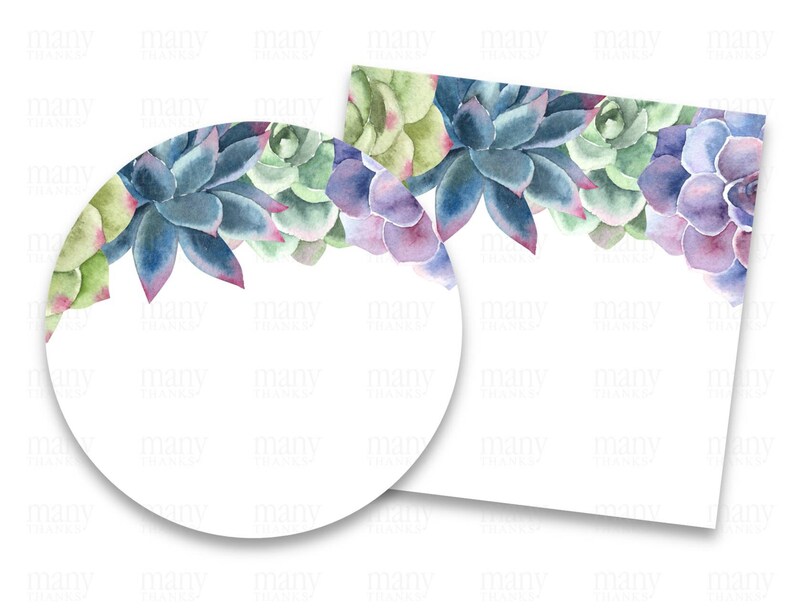 May include: Two printable designs featuring watercolor succulents in shades of green, purple, and blue. One design is a circle and the other is a rectangle.
