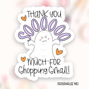 Comprar pequeña pegatina de Halloween Descargar PNG, lindo fantasma pequeña empresa Happy Mail etiqueta, gracias tienda paquete correo plantilla de calcomanía SVG