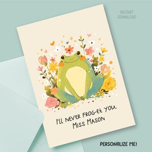 Tarjeta de felicitación imprimible personalizada de agradecimiento al maestro, linda rana de dibujos animados con juego de palabras para descargar digitalmente, plantilla de tarjeta de carta estadounidense caprichosa