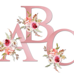 Letras de oro rosa Floral Alphabet Set, Suave rosa rojo acuarela Bouquets, Imágenes prediseñadas de sublimación PNG metálica, Descargar para taza, Tumblers, Bolsas
