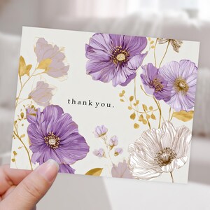 Lilac Botanical Printable Thank You Card, Vintage Art Nouveau Purple Ivory Modern Boho Gold Leaf Blank Shop Package Postcard Note Insert