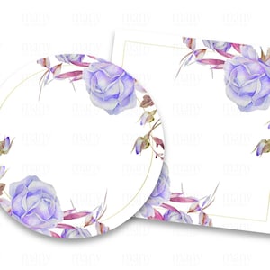 Púrpura Rosas Floral Borde Círculo + Cuadrado PNG, Con + Sin Marco De Oro, Etiquetas en Blanco para Pegatinas Redondas, Etiquetas de Regalo, Nota de Negocios, Cricut