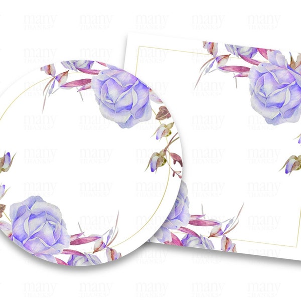 Purple Roses Floral Border Circle + Square PNG, With + Without Gold Frame, Blank Labels for Round Stickers, Gift Tags, Business Note, Cricut