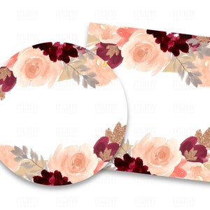 Étiquettes blanches, Peach Burgundy Gold Floral Circle - Square for Round Thank You Stickers, Wedding Gift Tag, Envelope Seal, Avery Cricut PNG SVG