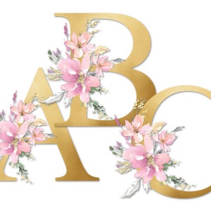 Alfabeto Floral de Oro + Conjunto de Números, Flores de Acuarela Rosa, Letras Monograma, PNG Descargar para Transferencias de Sublimación, Tazas, Tumblers, Bolsas