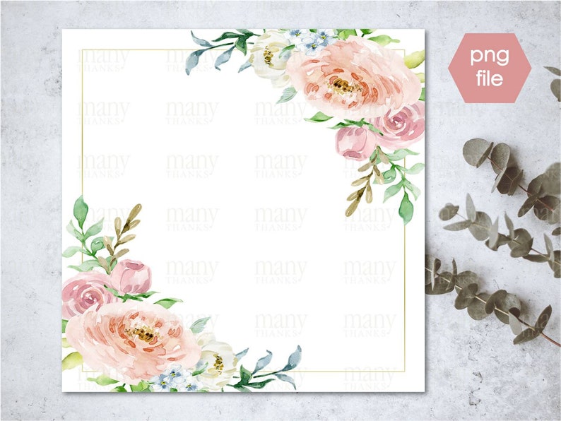 May include: A watercolor floral border with pink and white flowers, green leaves, and a gold frame. The background is white.