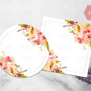 Floralific Roze Oranje Bloemen Rand Cirkel + Vierkant Blank PNG, Met / Zonder Gouden Frame, Tekst toevoegen voor Aangepaste Stickers, Gift Tags, Labels