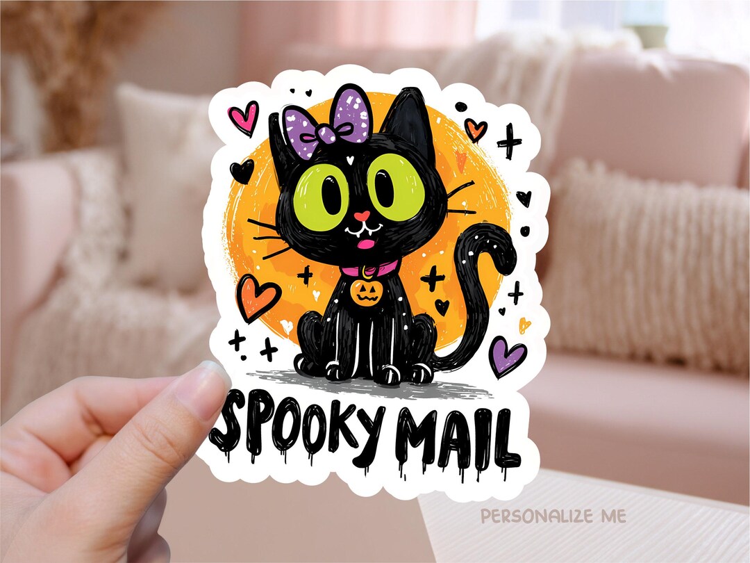 Cute Black Cat Spooky Mail Printable Sticker PNG, Whimsical Halloween ...