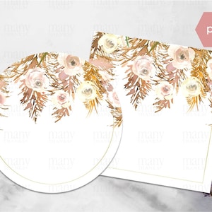 Pampas Roze Drop Boho Bloemen Rand Cirkel + Vierkant Blank PNG, Met / Zonder Gouden Frame, Tekst toevoegen voor Aangepaste Sticker, Gift Tag, Labels, SVG