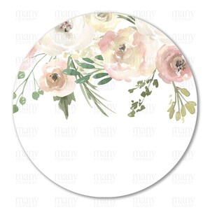May include: A round, white background with a watercolour floral design. The flowers are in shades of pink and cream with green leaves.