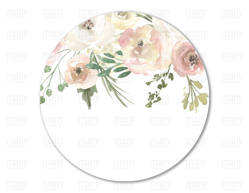 May include: A round, white background with a watercolour floral design. The flowers are in shades of pink and cream with green leaves.