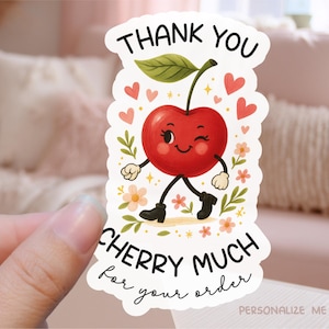 Thank You Cherry Much for Your Order Business Sticker PNG, Cute Fruit Pun Shop Label, Funny Retro Print Cut Marketing Download Template