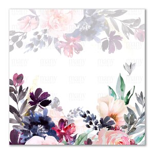 May include: A watercolor floral border with pink, purple, and blue flowers and green leaves. The flowers are arranged in a circular pattern around the edge of the image, with a white background in the center.