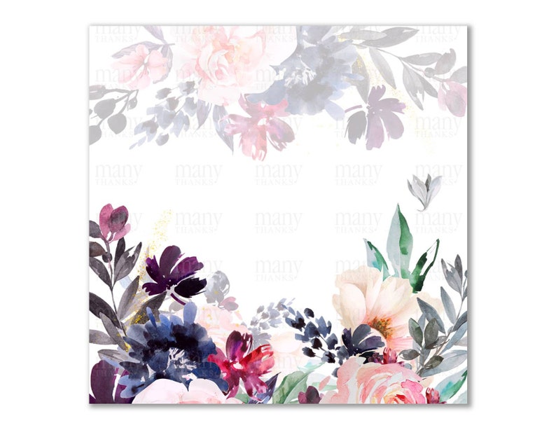 May include: A watercolor floral border with pink, purple, and blue flowers and green leaves. The flowers are arranged in a circular pattern around the edge of the image, with a white background in the center.