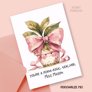 Carte de voeux imprimable personnalisée jeu de mots enseignant, dessin animé mignon plante d'intérieur appréciation téléchargement numérique, modèle de carte lettre US fantaisiste