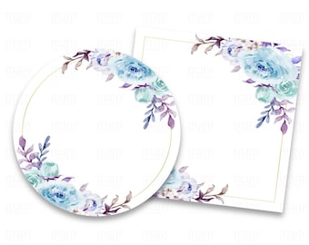 Blue Purple Peony Floral Border Circle + Square PNG, With Without Gold Frame, Blank Labels for Round Business Stickers, Gift Tags, Cricut